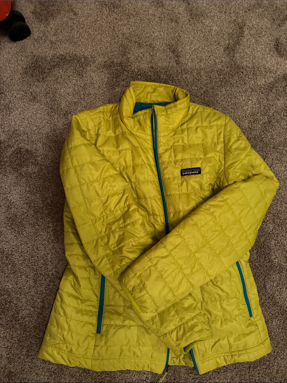 Patagonia Bright Lime Green Quilted Jacket with Teal Trim